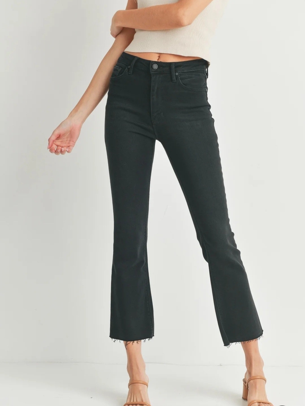 Just Black Denim The Cropped Demi Flare Jeans Black Size 28 High Rise Raw Hem